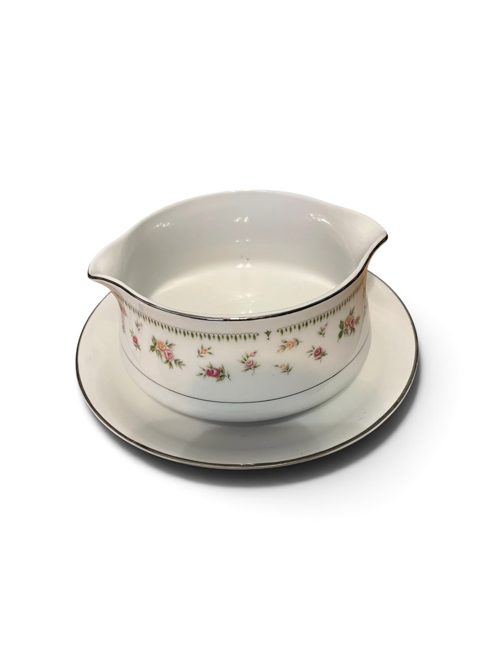 Porcelain Creamer and Saucer with Pink Rose Motif